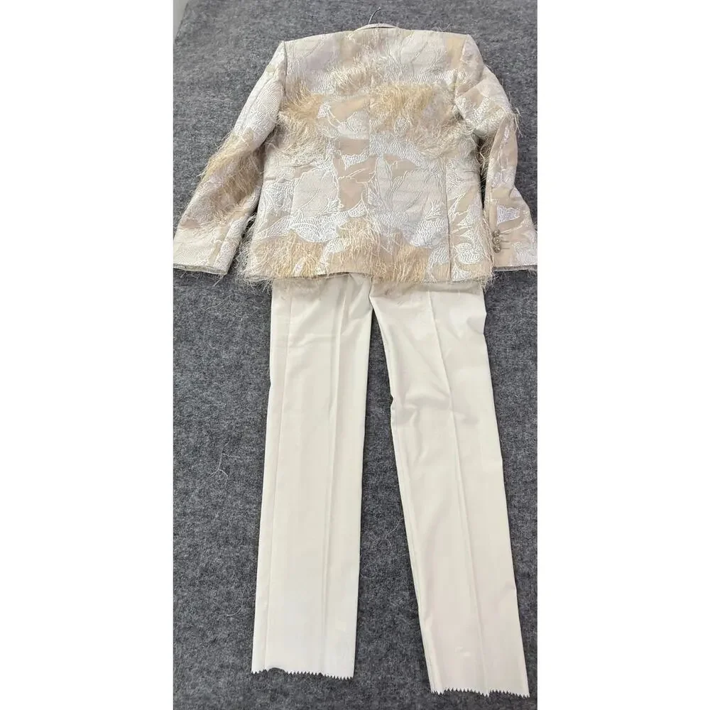 Torres Mens Tuxedo Suit 38 US 48 EU Beige Floral Borcade Tasseled 3pcs Set N11